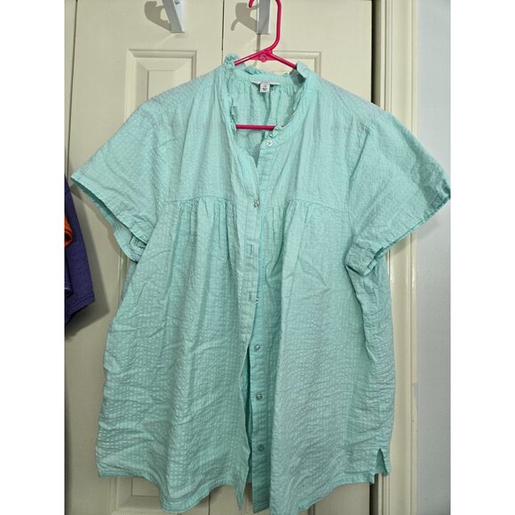 Crown & Ivy 1X Womens Aqua Short Sleeve Button Front Textured Cotton Blouse - Picture 2 of 4